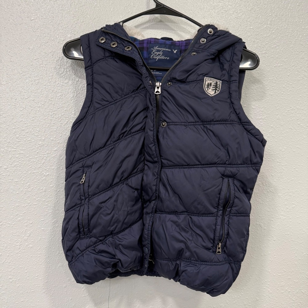 American Eagle Outfitters Navy Puffer Vest Hooded Plaid Lined Women's S P